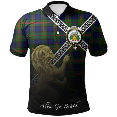 Scottish Dundas Modern Clan Crest Tartan Polo Shirt - Celtic with Scotland Lion Front Side Tartan Plaid