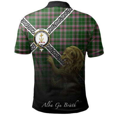 Scottish Gray Hunting Clan Crest Tartan Polo Shirt - Celtic with Scotland Lion Back Side Tartan Plaid