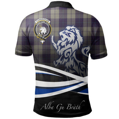 Scottish Cunningham Dress Blue Dancers Clan Crest Tartan Polo Shirt - Scotland Lion Back Side Tartan Plaid