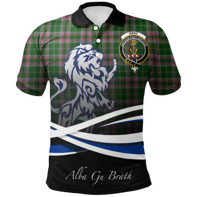 Scottish Gray Hunting Clan Crest Tartan Polo Shirt - Scotland Lion Front Side Tartan Plaid