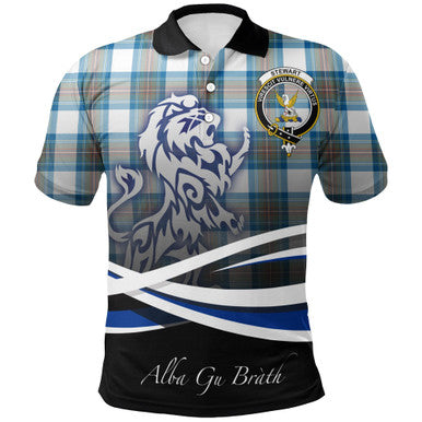 Scottish Stewart Muted Blue Clan Crest Tartan Polo Shirt - Scotland Lion Front Side Tartan Plaid