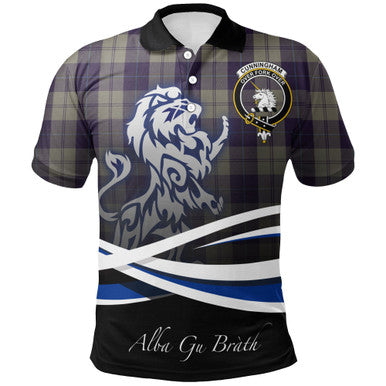 Scottish Cunningham Dress Blue Dancers Clan Crest Tartan Polo Shirt - Scotland Lion Front Side Tartan Plaid