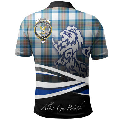 Scottish Stewart Muted Blue Clan Crest Tartan Polo Shirt - Scotland Lion Back Side Tartan Plaid