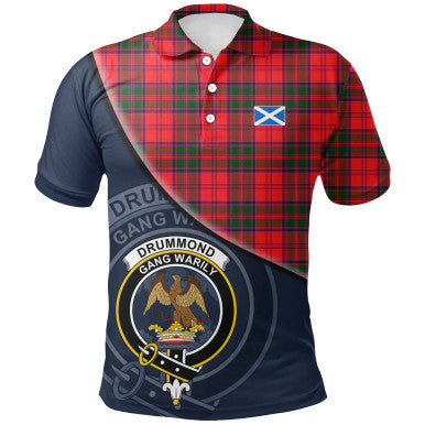 Scottish Drummond Modern Clan Crest Tartan Polo Shirt - Bend Style Front Side Tartan Plaid