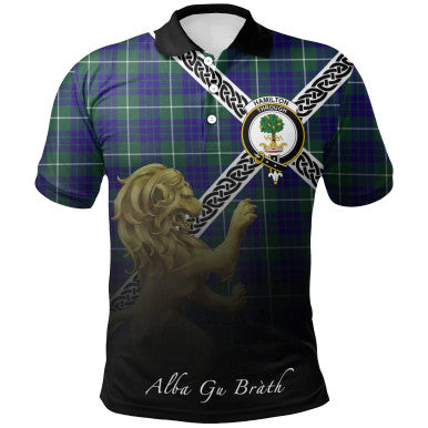 Scottish Hamilton Hunting Modern Clan Crest Tartan Polo Shirt - Celtic with Scotland Lion Front Side Tartan Plaid