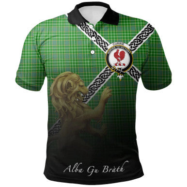 Scottish Currie Clan Crest Tartan Polo Shirt - Celtic with Scotland Lion Front Side Tartan Plaid