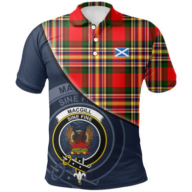 Scottish MacGill Modern Clan Crest Tartan Polo Shirt - Bend Style Front Side Tartan Plaid