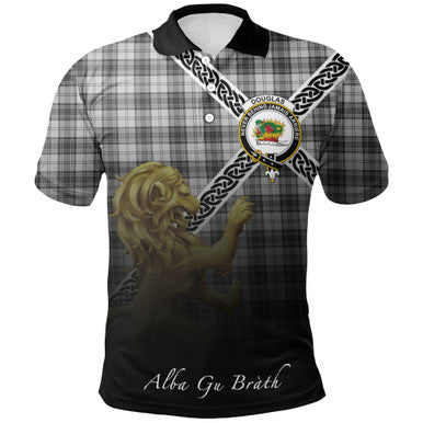Scottish Douglas Grey Modern Clan Crest Tartan Polo Shirt - Celtic with Scotland Lion Front Side Tartan Plaid
