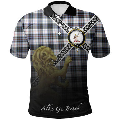 Scottish MacRae Dress Modern Clan Crest Tartan Polo Shirt - Celtic with Scotland Lion Front Side Tartan Plaid