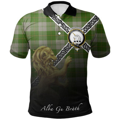 Scottish Cunningham Dress Green Dancers Clan Crest Tartan Polo Shirt - Celtic with Scotland Lion Front Side Tartan Plaid