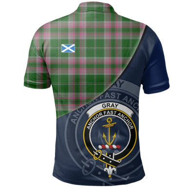 Scottish Gray Hunting Clan Crest Tartan Polo Shirt - Bend Style Back Side Tartan Plaid