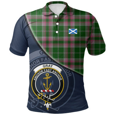 Scottish Gray Hunting Clan Crest Tartan Polo Shirt - Bend Style Front Side Tartan Plaid