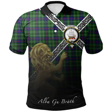 Scottish Duncan Modern Clan Crest Tartan Polo Shirt - Celtic with Scotland Lion Front Side Tartan Plaid