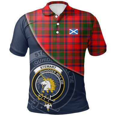 Scottish Stewart of Appin Modern Clan Crest Tartan Polo Shirt - Bend Style Front Side Tartan Plaid