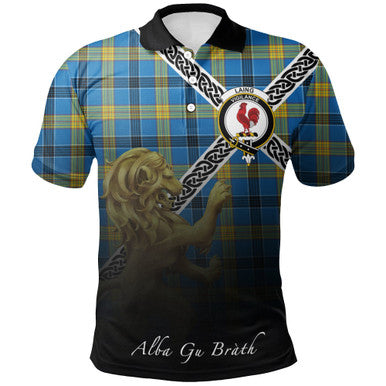 Scottish Laing Clan Crest Tartan Polo Shirt - Celtic with Scotland Lion Front Side Tartan Plaid