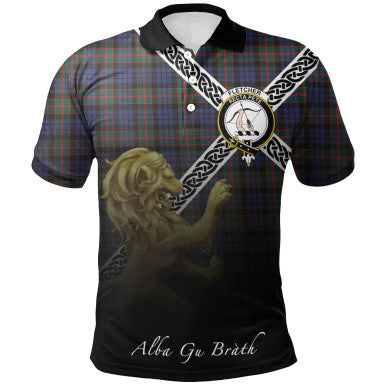 Scottish Fletcher of Dunans Clan Crest Tartan Polo Shirt - Celtic with Scotland Lion Front Side Tartan Plaid