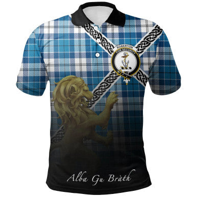Scottish Roberton Clan Crest Tartan Polo Shirt - Celtic with Scotland Lion Front Side Tartan Plaid