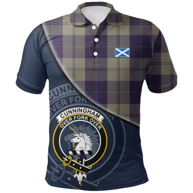 Scottish Cunningham Dress Blue Dancers Clan Crest Tartan Polo Shirt - Bend Style Front Side Tartan Plaid