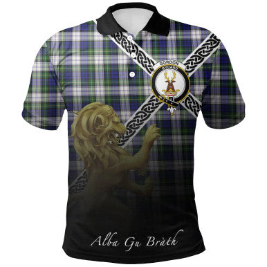 Scottish Gordon Dress Modern Clan Crest Tartan Polo Shirt - Celtic with Scotland Lion Front Side Tartan Plaid