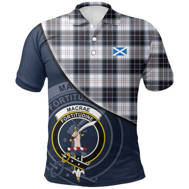 Scottish MacRae Dress Modern Clan Crest Tartan Polo Shirt - Bend Style Front Side Tartan Plaid