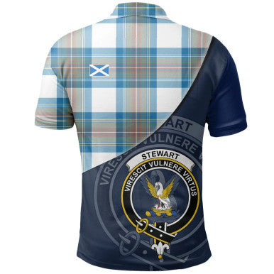 Scottish Stewart Muted Blue Clan Crest Tartan Polo Shirt - Bend Style Back Side Tartan Plaid