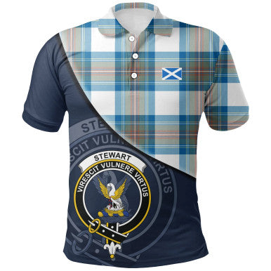 Scottish Stewart Muted Blue Clan Crest Tartan Polo Shirt - Bend Style Front Side Tartan Plaid