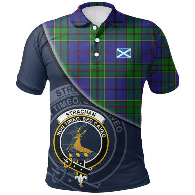 Scottish Strachan Clan Crest Tartan Polo Shirt - Bend Style Front Side Tartan Plaid