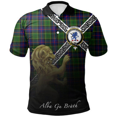 Scottish Forsyth Modern Clan Crest Tartan Polo Shirt - Celtic with Scotland Lion Front Side Tartan Plaid