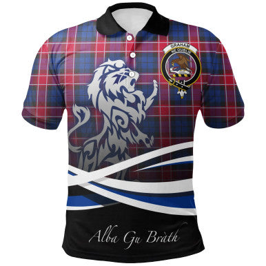 Scottish Graham of Menteith Red Clan Crest Tartan Polo Shirt - Scotland Lion Front Side Tartan Plaid