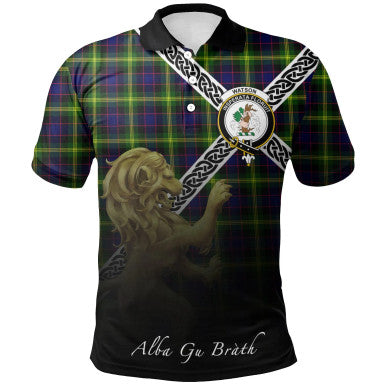 Scottish Watson Modern Clan Crest Tartan Polo Shirt - Celtic with Scotland Lion Front Side Tartan Plaid