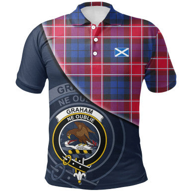 Scottish Graham of Menteith Red Clan Crest Tartan Polo Shirt - Bend Style Front Side Tartan Plaid
