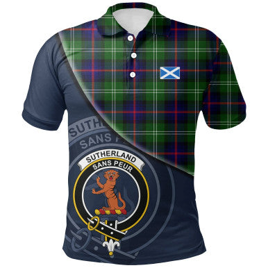 Scottish Sutherland Modern Clan Crest Tartan Polo Shirt - Bend Style Front Side Tartan Plaid
