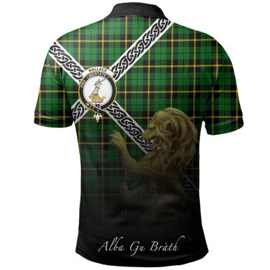 Scottish Wallace Hunting - Green Clan Crest Tartan Polo Shirt - Celtic with Scotland Lion Back Side Tartan Plaid