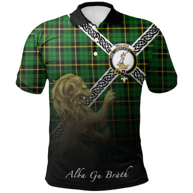 Scottish Wallace Hunting - Green Clan Crest Tartan Polo Shirt - Celtic with Scotland Lion Front Side Tartan Plaid