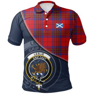 Scottish Leslie Modern Clan Crest Tartan Polo Shirt - Bend Style Front Side Tartan Plaid