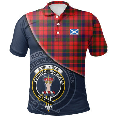 Scottish Robertson Modern Clan Crest Tartan Polo Shirt - Bend Style Front Side Tartan Plaid