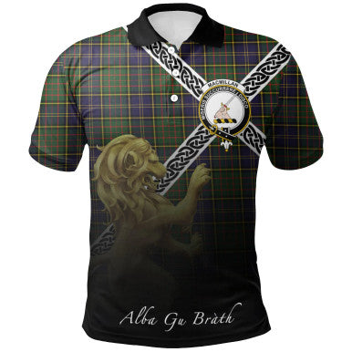 Scottish MacMillan Hunting Modern Clan Crest Tartan Polo Shirt - Celtic with Scotland Lion Front Side Tartan Plaid