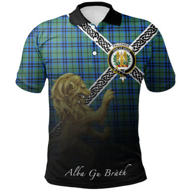 Scottish Falconer Clan Crest Tartan Polo Shirt - Celtic with Scotland Lion Front Side Tartan Plaid