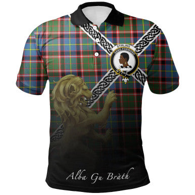 Scottish Stirling & Bannockburn District Clan Crest Tartan Polo Shirt - Celtic with Scotland Lion Front Side Tartan Plaid