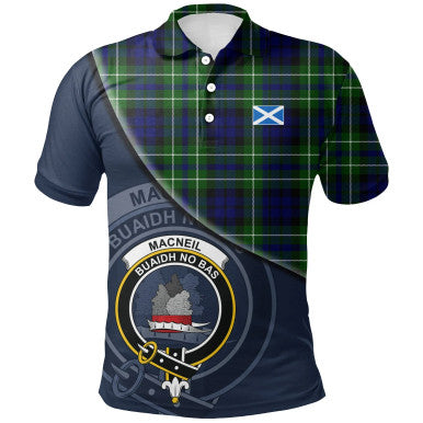 Scottish MacNeil of Colonsay Modern Clan Crest Tartan Polo Shirt - Bend Style Front Side Tartan Plaid