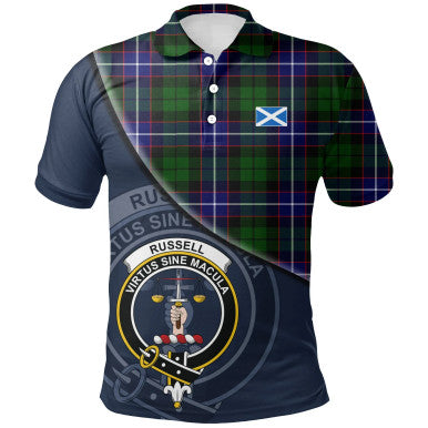Scottish Russell Modern Clan Crest Tartan Polo Shirt - Bend Style Front Side Tartan Plaid