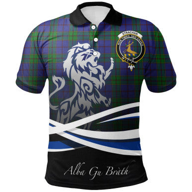 Scottish Strachan Clan Crest Tartan Polo Shirt - Scotland Lion Front Side Tartan Plaid