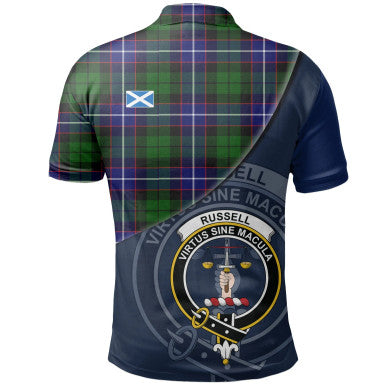 Scottish Russell Modern Clan Crest Tartan Polo Shirt - Bend Style Back Side Tartan Plaid