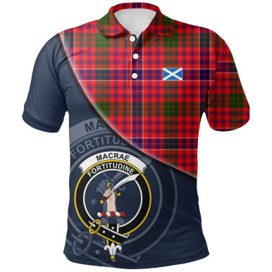 Scottish MacRae Modern Clan Crest Tartan Polo Shirt - Bend Style Front Side Tartan Plaid