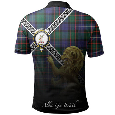Scottish MacRae Hunting Modern Clan Crest Tartan Polo Shirt - Celtic with Scotland Lion Back Side Tartan Plaid