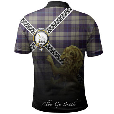 Scottish Cunningham Dress Blue Dancers Clan Crest Tartan Polo Shirt - Celtic with Scotland Lion Back Side Tartan Plaid