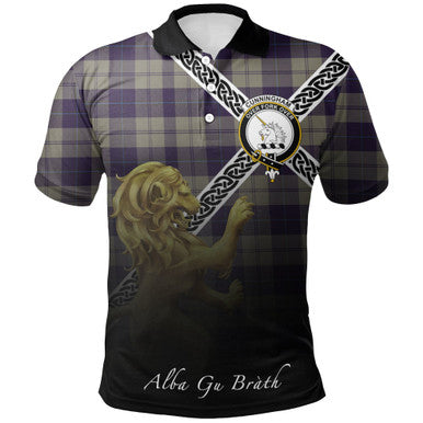 Scottish Cunningham Dress Blue Dancers Clan Crest Tartan Polo Shirt - Celtic with Scotland Lion Front Side Tartan Plaid