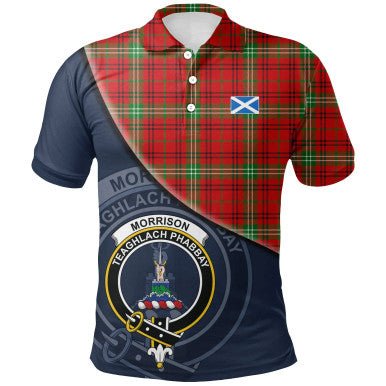 Scottish Morrison Red Modern Clan Crest Tartan Polo Shirt - Bend Style Front Side Tartan Plaid