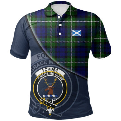 Scottish Forbes Modern Clan Crest Tartan Polo Shirt - Bend Style Front Side Tartan Plaid