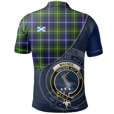 Scottish MacNeill of Barra Modern Clan Crest Tartan Polo Shirt - Bend Style Back Side Tartan Plaid